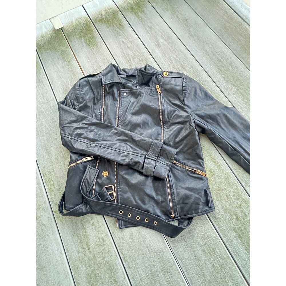 Swank Black Faux Leather Moto Jacket Medim Belted Gold Y2K Biker